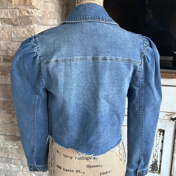 tgla puff long sleeve blue denim jacket shirt cropped raw hem stretch - Picture 12 of 16